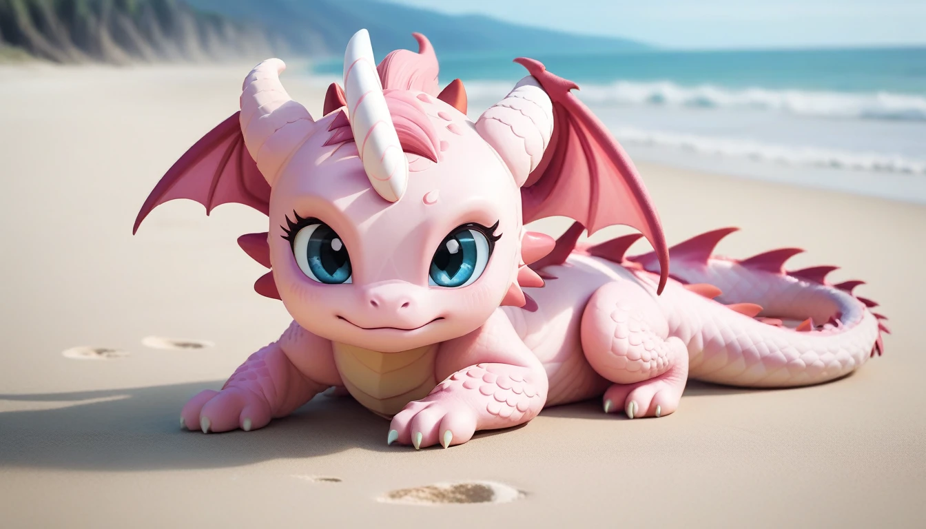 masterpiece,high quality,Monster,独奏,dragon ,(chibi:1.2),pink body,pink dragon,horns,wings,lying on the ground,injured,unhappy,looking forward,looking sideways,head focus,poor,seaside,beach,blue sky,landscape,(non-human:1.2),lying,frustrated_brow,annoyed,frustrated,on stomach,Painful expression，(The expression to cry:1.2)，cry，sad