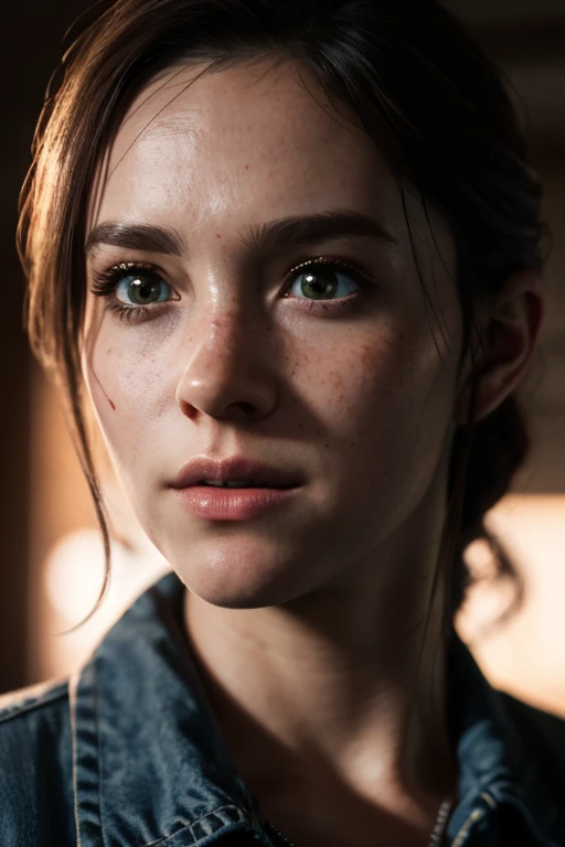 Ellie, tlou2, portrait, sun rays, looking at viewer, award-winning, (8k, RAW photo, best quality, masterpiece:1.2),ultra-detailed, (high detailed skin:1.2), 8k uhd, dslr, soft lighting, high quality, 