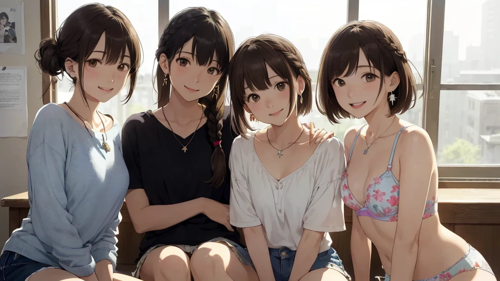 Magazine Cover、Magazine gravure(Highest quality、masterpiece、High resolution)、(Sargent-style watercolor)、(Anime Art)、Old school building、Old classroom、School in a wooden school building、((Multiple women、Yankee sitting))、(Detailed depiction of a beautiful face)、A kind smile、long hair、Medium Short Hair、Dark Brown Hair、Braiding、、、Cinematic Light、Soft sunlight blur background、White bra and underwear set、Or a set of black bra and underwear、Or a set of red bra and underwear、Or a set of blue bra and underwear、Or wearing a purple bra and underwear set, Or a set of orange bra and underwear、Floral bra、Floral underwear(1.8)。
information(Highest quality:1.2)、Very detailed、High resolution、masterpiece:1,2、Bright colors、Bokeh、Professional Lighting、Physically Based Rendering、Flat Color:0.8、Fine Illustration、Realistic:1.37、Makoto Shinkai style、Name Style、Light Brown Hair、Elegant update、Short Bob、Three young women in casual clothes、Laugh together、Dynamic poselip、cheek(Dark Brown Hair/)bangs、cheek(direction)、(最高masterpiece1.2)繊細なイラストVery detailed、Break Blue Sky、Detailed Background、20-year-old female、whole bodyが写る、A shy smile、Through clenched teeth、Through clenched teeth、lip、cheek(Flat Color: 0.8)、(masterpiece: 1,2)、(masterpiece: 1,2)、High resolution、超High resolution、Highest quality、High resolution、Ultra-thin illustration、Makoto Shinkai style、Your Name is Style、long hair、Short Bob、necklace、Earrings、Dynamic pose、Selfie、whole body、Brown Hair、Braiding、Hair Bun、ponytail・Hair Bunスタイル、necklace、Valletta、ribbon、Earringsアニキュア,。