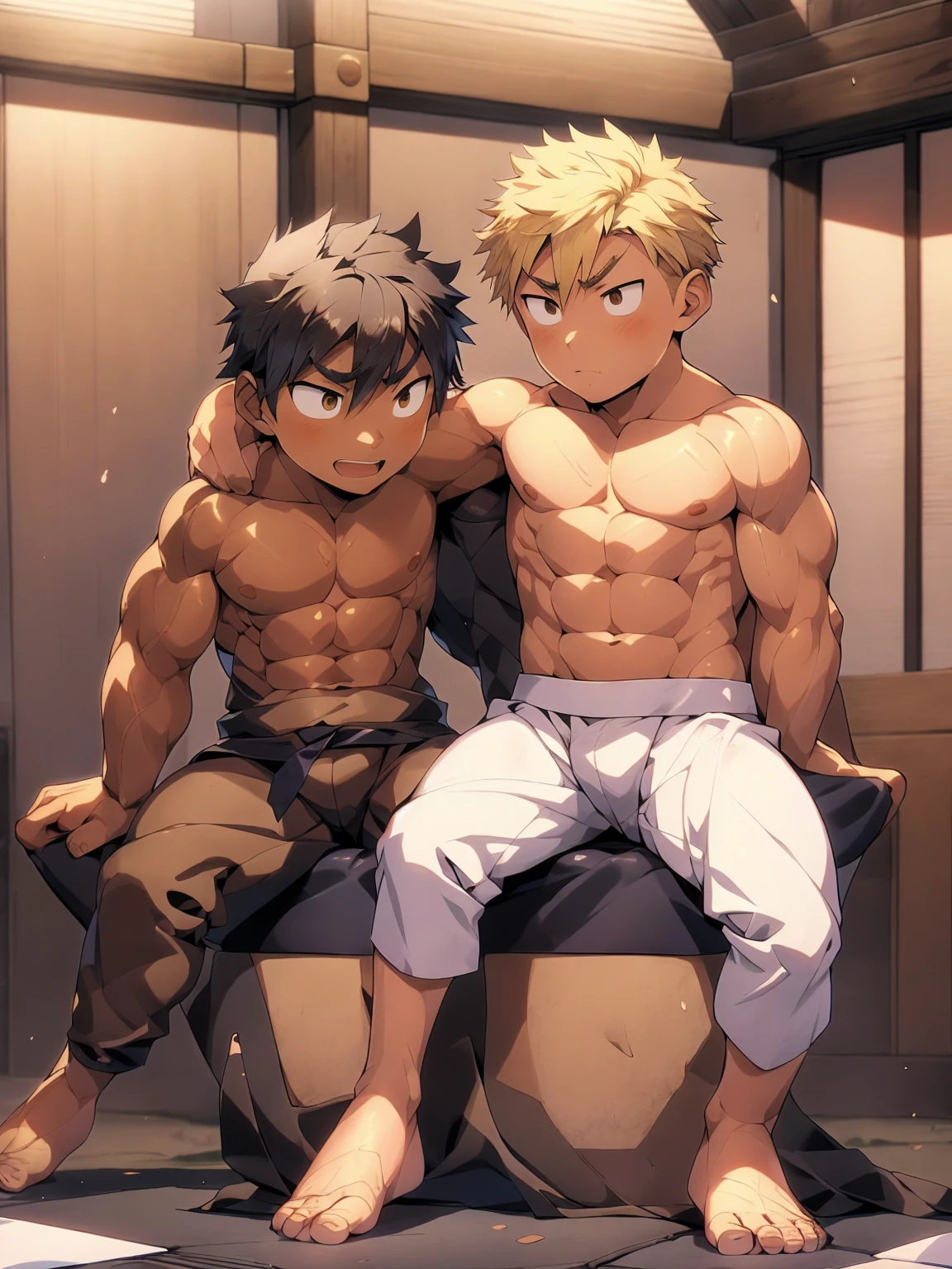 2 Boys,Casual clothing,Age difference,Blondes and brunettes,Sit on your lap,Hug from behind,Modern Room,(Fine grain),Detailed skin,masterpiece,Well-trained muscles like a bodybuilder,Bigger muscles,Ecstatic expression,イチャイチャする,