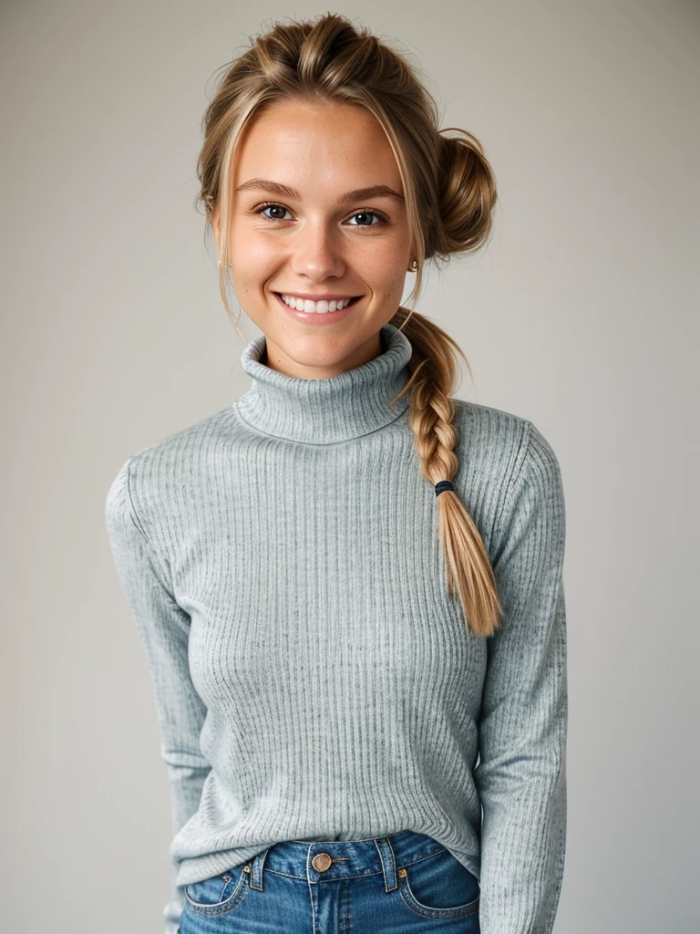 photo of a skinny blonde teen submissive wife messy long hair thrown into a messy bun ponytail. She wears: (turtleneck high ribbed bright tight sweater:1.1), submissive seductive pose, high tight ribbed neck, seductive smile, perfect fake tits, turtleneck top, wet clothes