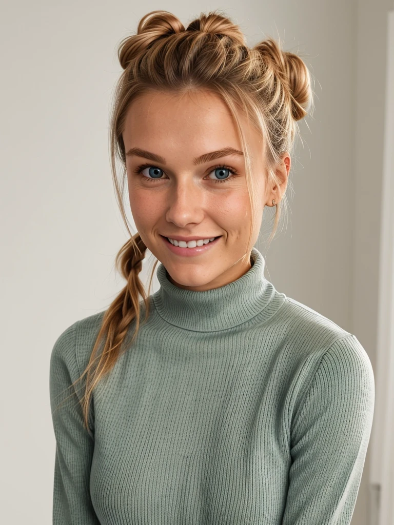 photo of a skinny blonde teen submissive wife messy long hair thrown into a messy bun ponytail. She wears: (turtleneck high ribbed bright tight sweater:1.1), submissive seductive pose, high tight ribbed neck, seductive smile, perfect fake tits, turtleneck top, wet clothes
