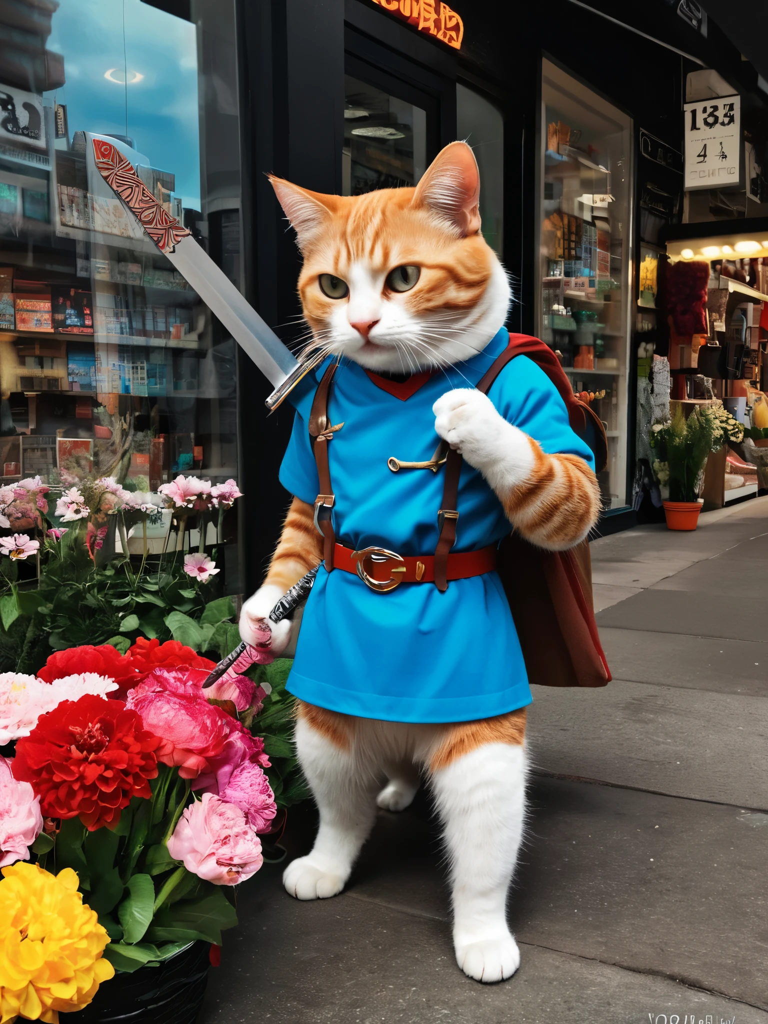 Hyperrealism Art、 (傑作photograph:1.3) of (Super detailed:1.3) Cat,Holding a sword,In front of Flower shop,(Artist: Butcher Billy:1.3),Very detailed,(Vorticism Art:1.3),(Supersaturation:1.3) . 非常に高解像度of詳細, photograph, Realism pushed to the limit, Fine texture, Incredibly realistic