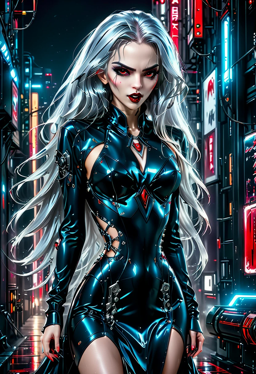 ((a photorealistic glamour shot of an exquisite, glamour mecha female vampire: 1.5)), ((full body: 1.3)), ultra feminine, pale face, silver hair, long vibrant shiny hair, glamorous hair,  red eyes, miniatures mechanical , deep penetrating eyes, red lips, lustful lips, ((two visible vampiric fangs: 1.5), drops of blood dripping from the mouth, ((cyberpunk style: 1.5)), she wears ((blue: 1.3) elegant glamour dress, with small delicate mechanical parts: 1.4), digital parts,  intricate details, the dress is studded with diamonds, tight suit, dynamic color, high heels, cyberpunk street at night background, (highest quality:1.2, Very detailed, up to date, Vibrant, Ultra-high resolution, High Contrast, masterpiece:1.2, highest quality, Best aesthetics), best details, best quality, highres, ultra wide angle, 16k, [ultra detailed], masterpiece, best quality, (extremely detailed), Genetically modified..., Cinematic Hollywood Film, nijimecha, liquid dress