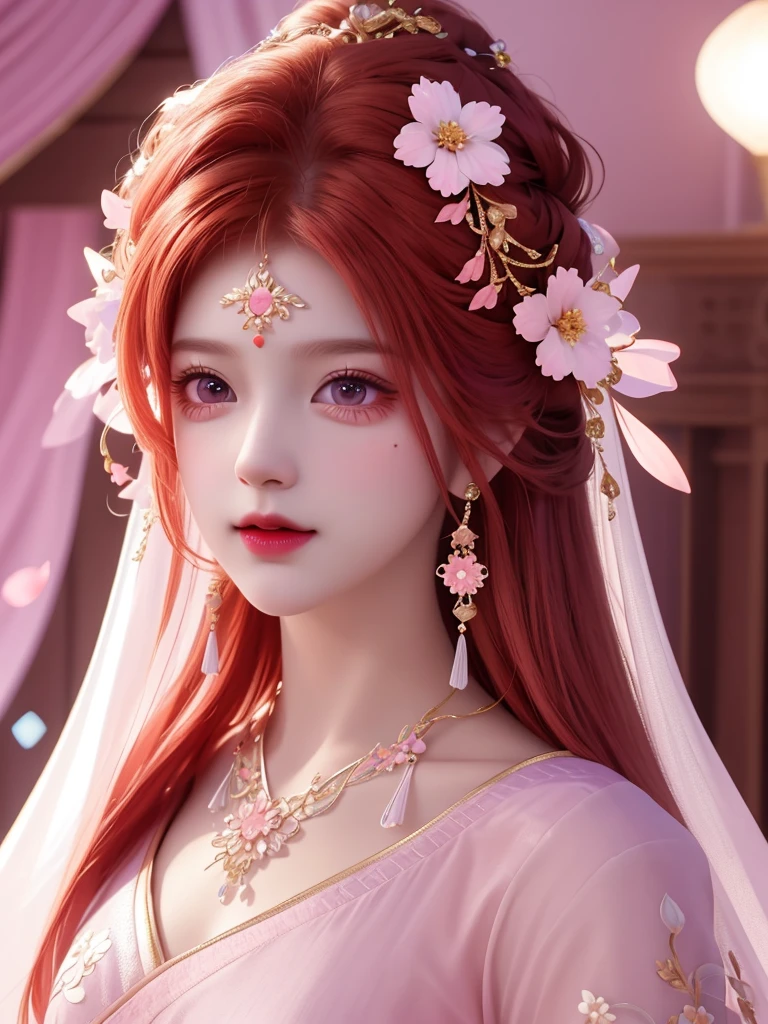 best quality, masterpiece, High target, There is a girl with a basket of flowers on her head, beautiful clothes, Hair Decorationss, necklace, Decorations, Pretty Face, When the body, Tyndall effect, Realistic Portraits, Edge lighting, Two-color light, (Very delicate skin:1.2), 8K uhd, Digital SLR Camera, Soft Light, high quality, Volumetric Lighting, Honest, photo, high resolution, 4K, 8K, Bokeh, Orange-red hair,purple hair ends, Pink Eyes.