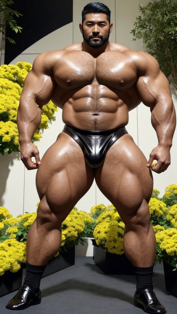 There is only one handsome Asian actor in the picture,35 years old,Tall and handsome, Toned body,short hair, O-Shaped Beard,Perfect body, Dark skin,Glowing skin,Smooth skin,The body is hairless,Muscle bulge, Muscular, Very large pectoral muscles,Very sexy abdominal muscles,Very well-developed leg muscles,Huge concave and convex area,Brightens oily skin,Wearing black leather shiny thong,Handsome face, Correct and accurate male body proportions, Wear black leather shiny socks,Stand among the flowers。