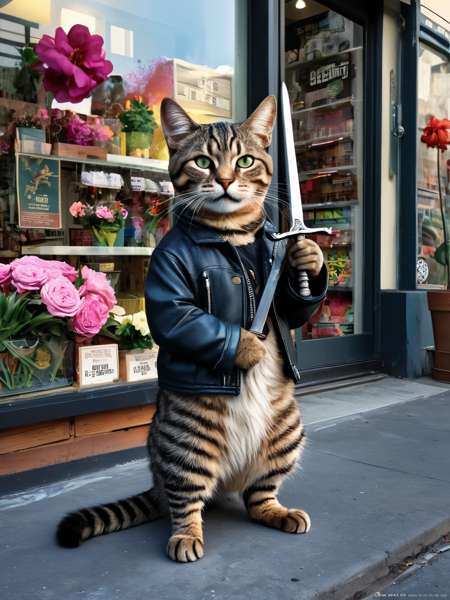 Hyperrealism Art、 (傑作photograph:1.3) of (Super detailed:1.3) Cat,Holding a sword,In front of Flower shop,(Artist: Butcher Billy:1.3),Very detailed,(Vorticism Art:1.3),(Supersaturation:1.3) . 非常に高解像度of詳細, photograph, Realism pushed to the limit, Fine texture, Incredibly realistic