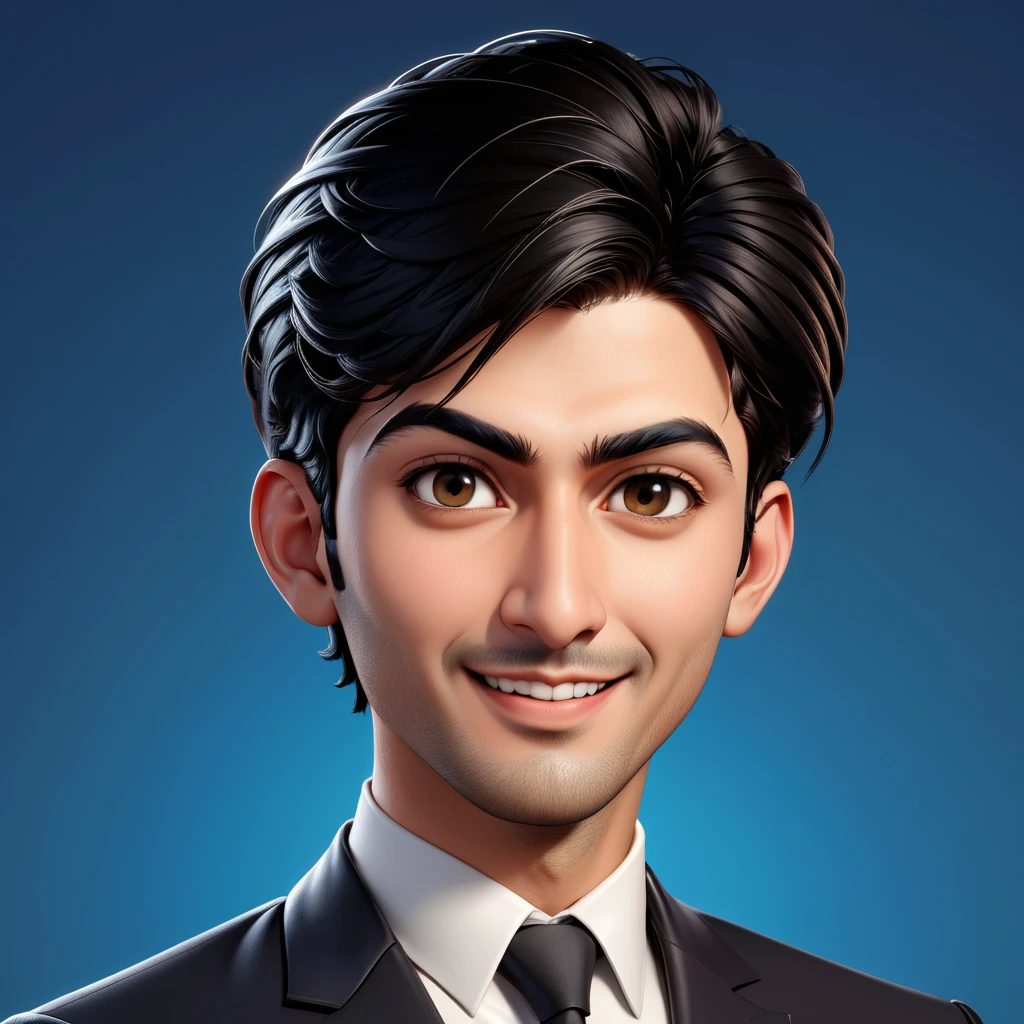 Create a full body portrait of cartoonish caricature 3D animation of a big-headed facing straight to the camera. a 25 years old Pakistani businessman. He has short black pixie cut hair. His face is oval with smooth lines, thick and neat black eyebrows, normal eyes, a small, sharp nose, and thin lips with a wide, friendly smile. He wore a black double breasted suit. Gradient blue background. masterpiece, top quality, highly detailed skin and face, ultra-realistic, high definition, sharp focus, Concept Art. Front facing, medium wide angle shot, in a office environment.
