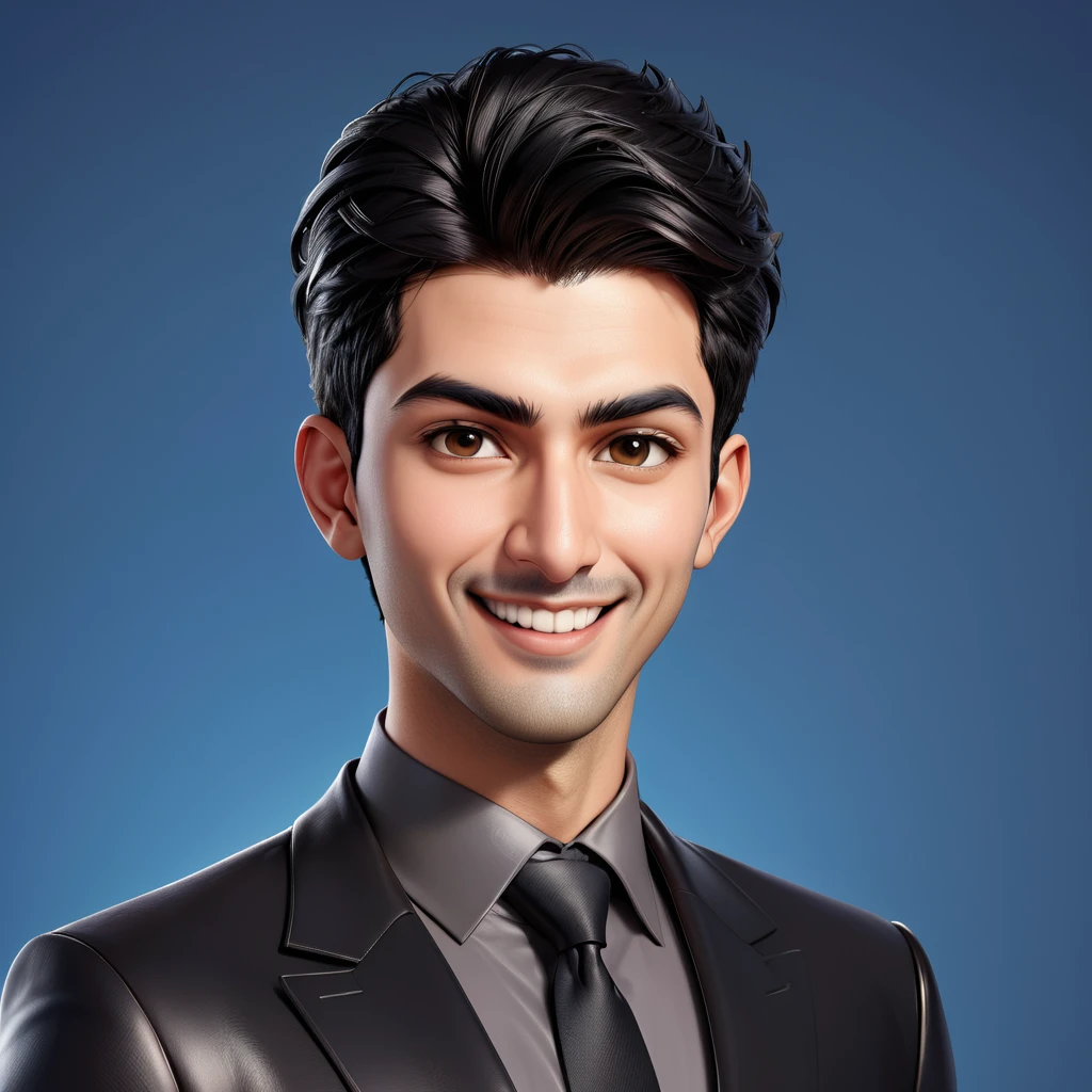Create a full body portrait of cartoonish caricature 3D animation of a big-headed facing straight to the camera. a 25 years old Pakistani businessman. He has short black pixie cut hair. His face is oval with smooth lines, thick and neat black eyebrows, normal eyes, a small, sharp nose, and thin lips with a wide, friendly smile. He wore a black double breasted suit. Gradient blue background. masterpiece, top quality, highly detailed skin and face, ultra-realistic, high definition, sharp focus, Concept Art. Front facing, medium wide angle shot, in a office environment.