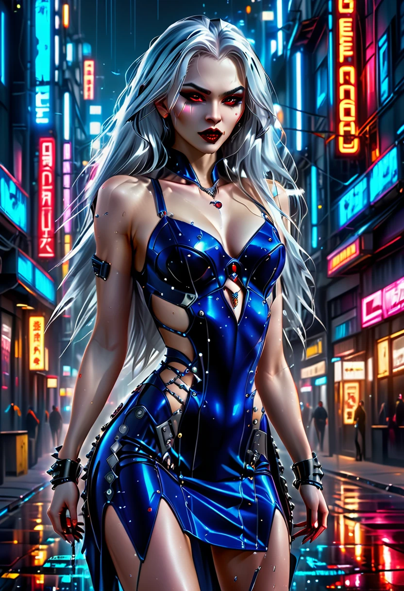 ((a photorealistic glamour shot of an exquisite, glamour mecha female vampire standing in a cyberpunk street: 1.5)), ((full body: 1.5)), ultra feminine, pale face, silver hair, long vibrant shiny hair, glamorous hair,  red eyes, miniatures mechanical , deep penetrating eyes, red lips, lustful lips, ((two visible vampiric fangs: 1.5), drops of blood dripping from the mouth, ((cyberpunk style: 1.5)), she wears (blue elegant glamour dress, with small delicate mechanical parts: 1.4), digital parts,  intricate details, the dress is studded with diamonds, tight suit, dynamic color, high heels, cyberpunk street at night background, (highest quality:1.2, Very detailed, up to date, Vibrant, Ultra-high resolution, High Contrast, masterpiece:1.2, highest quality, Best aesthetics), best details, best quality, highres, ultra wide angle, 16k, [ultra detailed], masterpiece, best quality, (extremely detailed), Genetically modified..., Cinematic Hollywood Film, nijimecha, liquid dress
