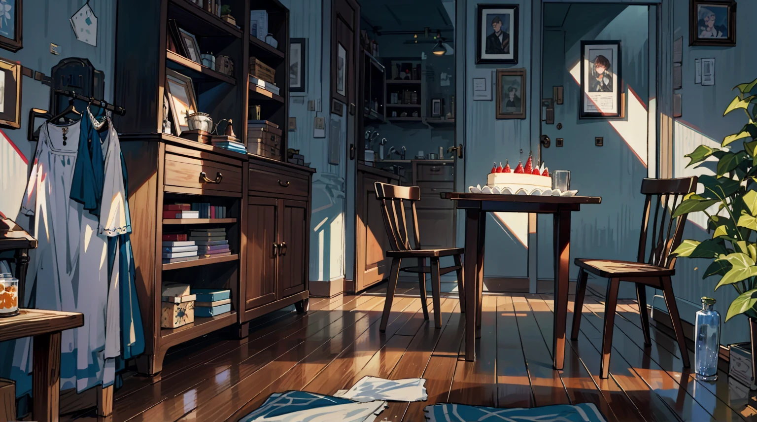 (best quality,masterpiece:1.2,detailed details,4k),A dim old apartment, a small birthday cake on an old wooden table, a modern apartment, an alarm clock on the wall, an anime scene,
A girl with modern gothic makeup, fair skin, modern clothes, black eyeshadow, a tank top, a sexy body, earrings and lip studs, fishnet stockings, posing in an attractive pose, kneeling on the wooden floor, a loving expression
Upward shot