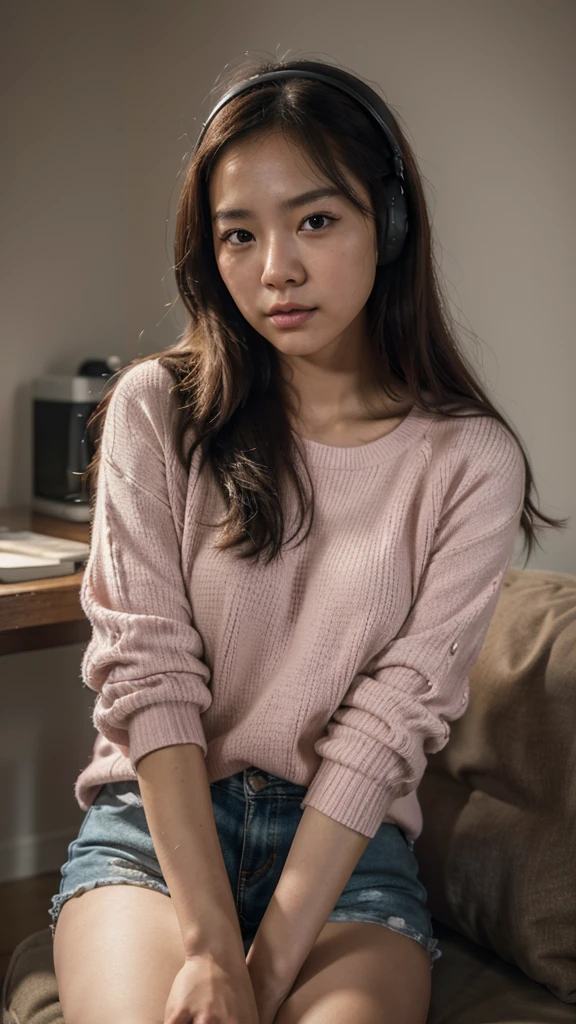 a beautiful young korean girl wearing a pink sweater and short pants, sitting in a cozy room, wearing big over-ear headphones, long dark hair, cute expression, high quality, realistic, ultra-detailed, (best quality,4k,8k,highres,masterpiece:1.2),ultra-detailed,(realistic,photorealistic,photo-realistic:1.37), soft lighting, warm colors, cinematic composition, intricate details