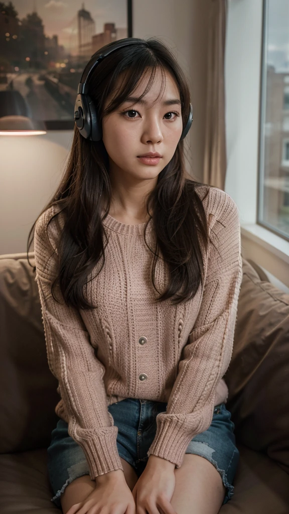 a beautiful young korean girl wearing a pink sweater and short pants, sitting in a cozy room, wearing big over-ear headphones, long dark hair, cute expression, high quality, realistic, ultra-detailed, (best quality,4k,8k,highres,masterpiece:1.2),ultra-detailed,(realistic,photorealistic,photo-realistic:1.37), soft lighting, warm colors, cinematic composition, intricate details