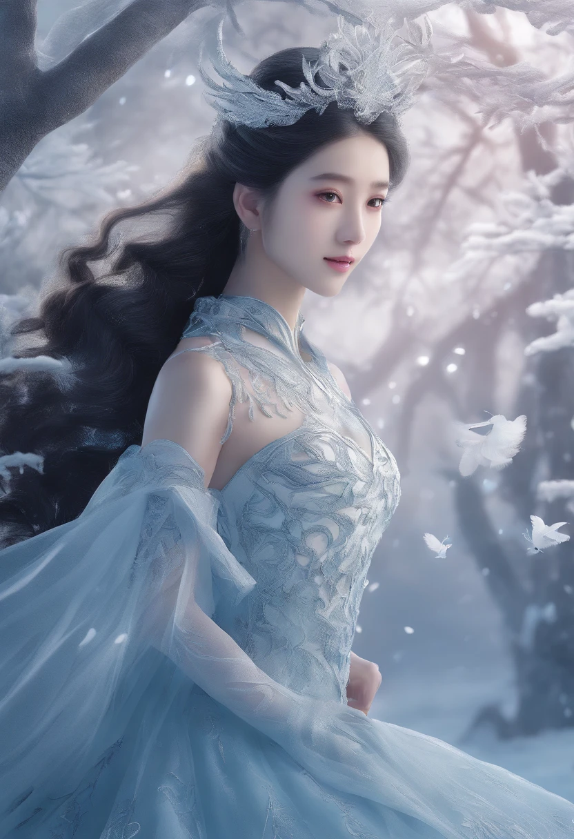 The ice deer comes leisurely, Pure white body realizes ice and snow wonderland, Yan Junchengfeng, Exhale the white air in the transparent air, Together with the ethereal trees, they form a dreamlike scene, High-quality CG depicts magnificent scenes, Yue Xiaofei’s character design is perfect and delicate, Amazing curves, The entire scene is enhanced by the depth of field effect.,more like a distant world.
