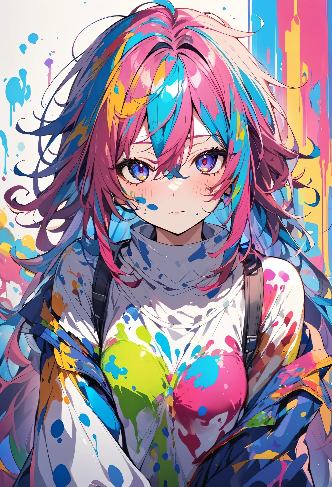 "1 Girl, Artistically messy, Completely covered in vibrant paint."
