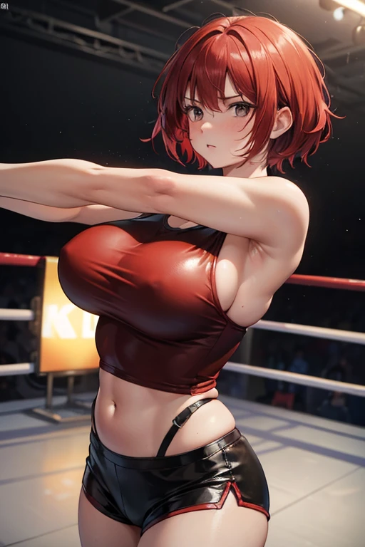 One woman,Big Breasts,Red hair,short hair,Brown skin,wrestling,On the Ring,A belligerent look,Standing,Fighting Pose,Tight short tank top,Leather shorts