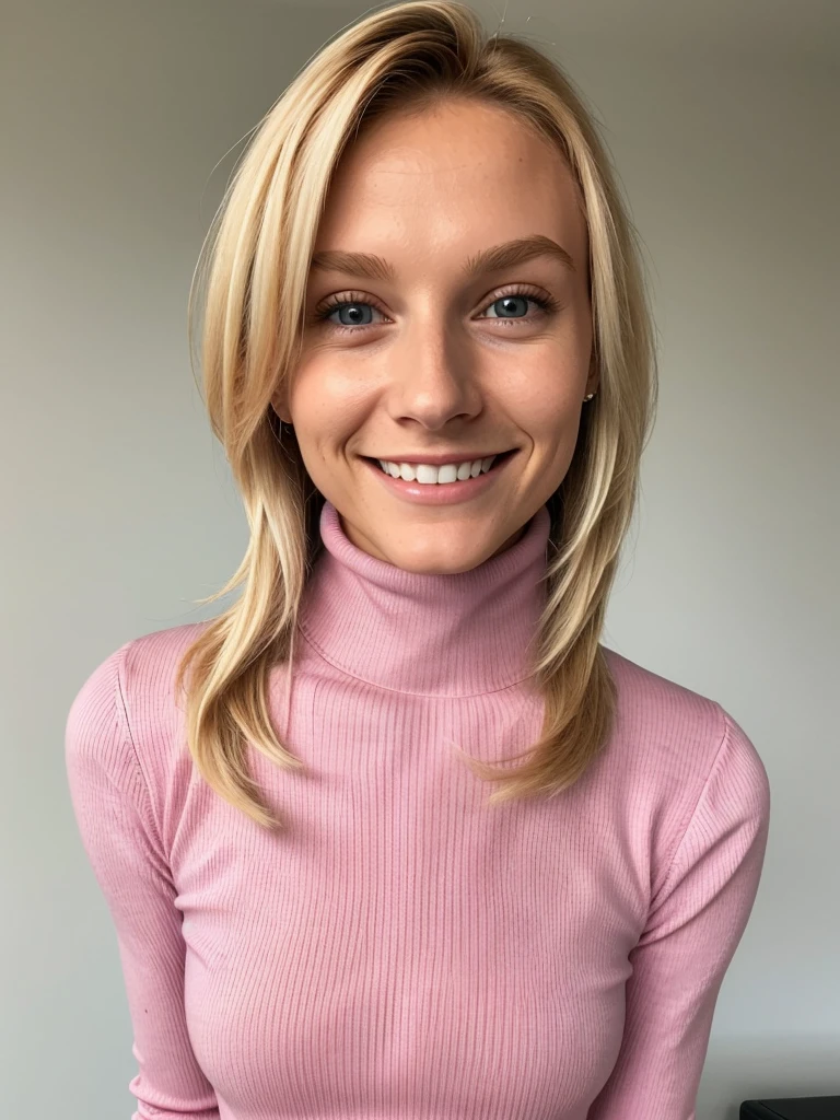 photo of a skinny blonde teen submissive wife, She wears: (turtleneck high ribbed pink tight sweater:1.1), submissive seductive pose, high tight ribbed neck, seductive smile, perfect fake tits, turtleneck top