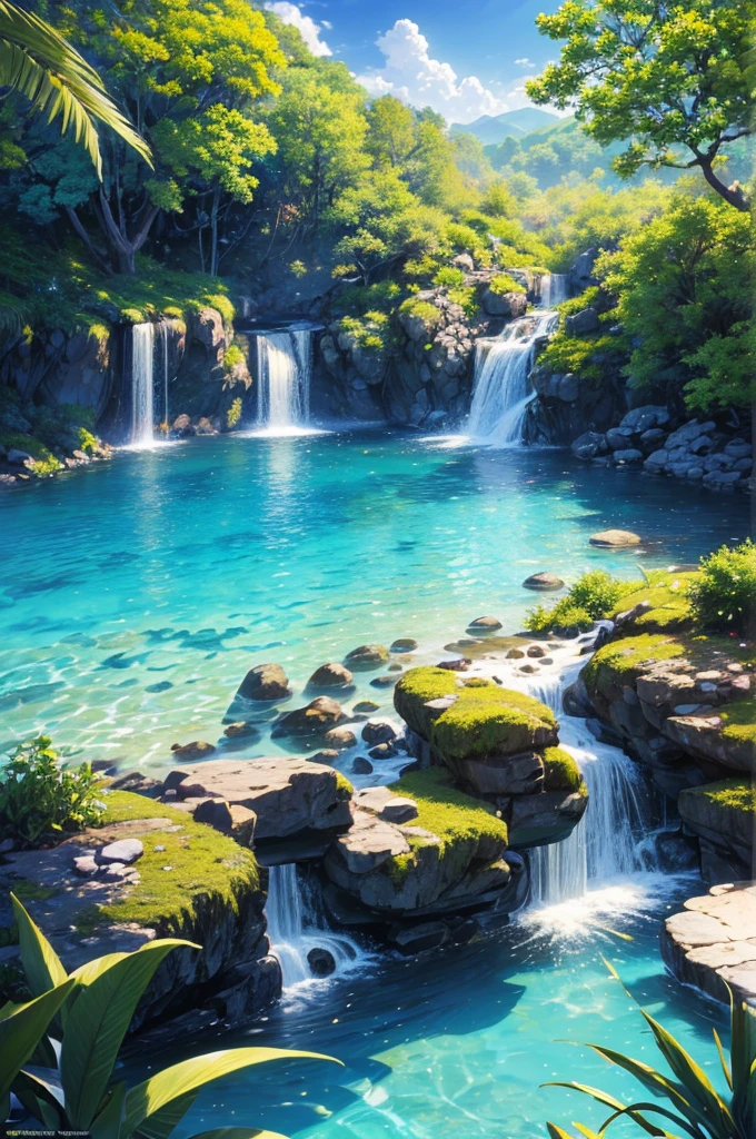 masterpiece, best quality, (Very detailed CG unified 8k wallpaper) (best quality), (Best illustration), (The best shades) bright colors, jungle, water, Natural Beauty, oasis of tranquility , Cherry tree, Blue sky ray tracing, Super detailed