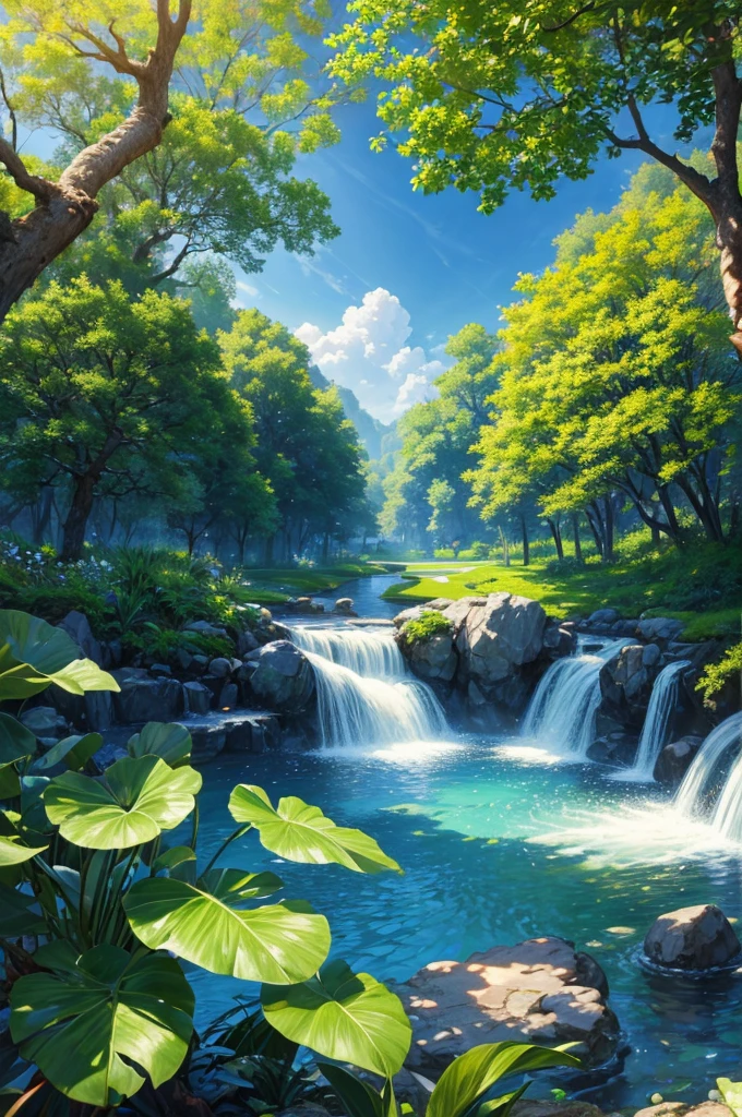 masterpiece, best quality, (Very detailed CG unified 8k wallpaper) (best quality), (Best illustration), (The best shades) bright colors, jungle, water, Natural Beauty, oasis of tranquility , Cherry tree, Blue sky ray tracing, Super detailed
