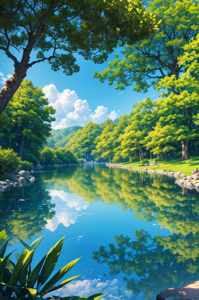 masterpiece, best quality, (Very detailed CG unified 8k wallpaper) (best quality), (Best illustration), (The best shades) bright colors, jungle, water, Natural Beauty, oasis of tranquility , Cherry tree, Blue sky ray tracing, Super detailed