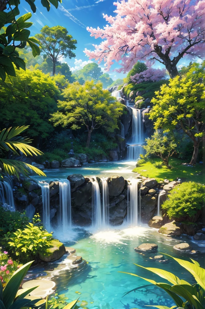 masterpiece, best quality, (Very detailed CG unified 8k wallpaper) (best quality), (Best illustration), (The best shades) bright colors, jungle, water, Natural Beauty, oasis of tranquility , Cherry tree, Blue sky ray tracing, Super detailed