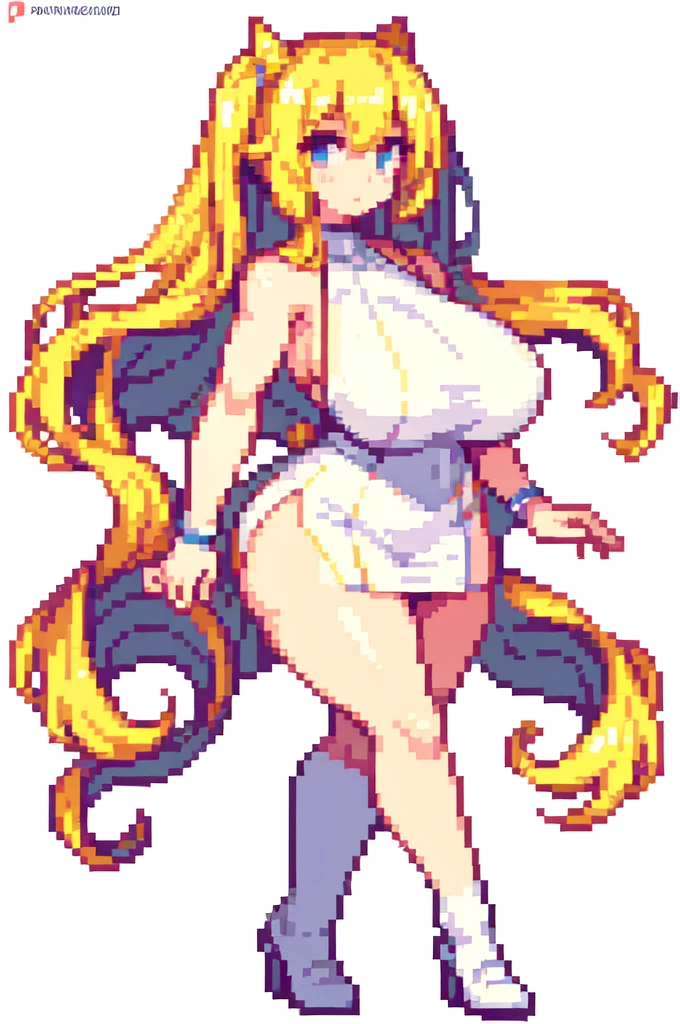 {{lift one leg}},{{very muscular}},{{very gigantic breasts}} ,{{very curvy}} , ,masterpiece , best quality , pixel art , 1 girl ,{full body},  voluptuous ,twintails,blonde hair ,white dress,white background