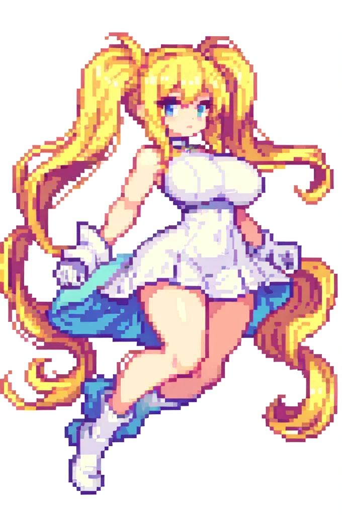 {{lift one leg}},{{very muscular}},{{very gigantic breasts}} ,{{very curvy}} , ,masterpiece , best quality , pixel art , 1 girl ,{full body},  voluptuous ,twintails,blonde hair ,white dress,white background