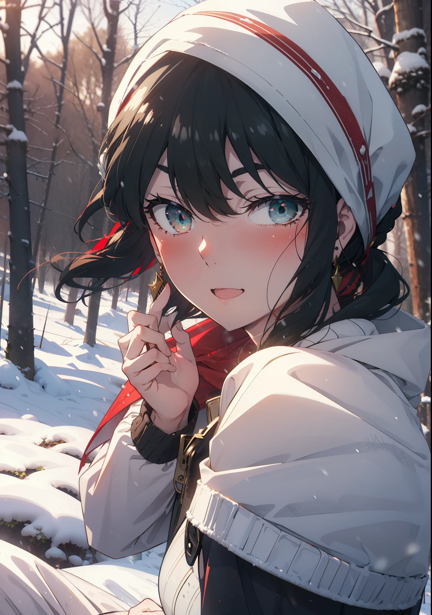 Your thorns, One Girl, blush, Black Hair,Red eyes, hair band, jewelry, Earrings, happy smile, smile, Open your mouth,
Open your mouth,snow,Ground bonfire, Outdoor, boots, snowing, From the side, wood, suitcase, Cape, Blurred, Eat food, forest, White handbag, nature, Squat, Mouth closed, フードed Cape, winter, Written boundary depth, Black shoes, red Cape break looking at viewer, Upper Body, whole body, break Outdoor, forest, nature, break (masterpiece:1.2), Highest quality, High resolution, unity 8k wallpaper, (shape:0.8), (Beautiful and beautiful eyes:1.6), Highly detailed face, Perfect lighting, Highly detailed CG, (Perfect hands, Perfect Anatomy),