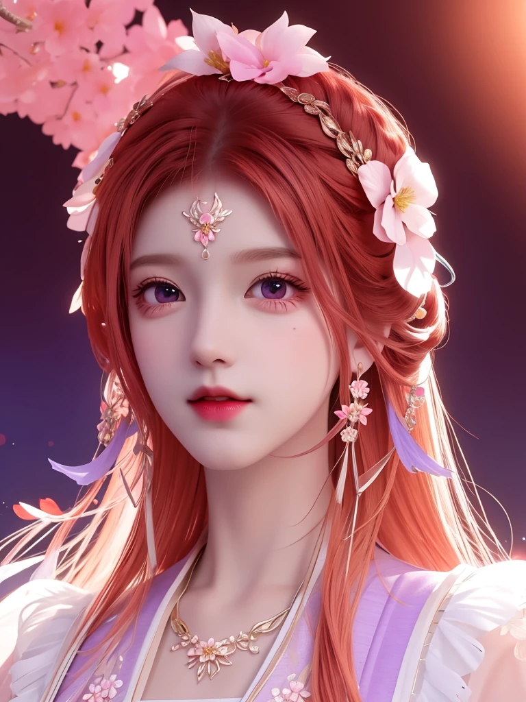 best quality, masterpiece, High target, There is a girl with a basket of flowers on her head, beautiful clothes, Hair Decorationss, necklace, Decorations, Pretty Face, When the body, Tyndall effect, Realistic Portraits, Edge lighting, Two-color light, (Very delicate skin:1.2), 8K uhd, Digital SLR Camera, Soft Light, high quality, Volumetric Lighting, Honest, photo, high resolution, 4K, 8K, Bokeh, Orange-red hair,purple hair ends, Pink Eyes.
