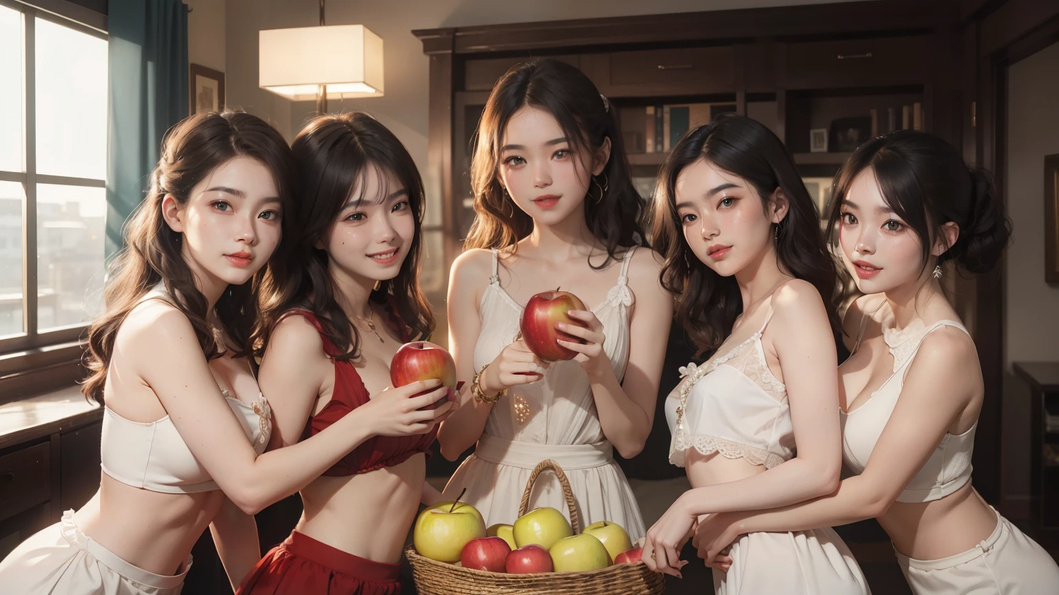 (Delicate face), (movie lighting), (ray tracing), (textured skin), (4K), (best picture quality), (masterpiece), (detail), (whole body), five lively girls holding an apple in hand, smiling at the screen in a different pose
