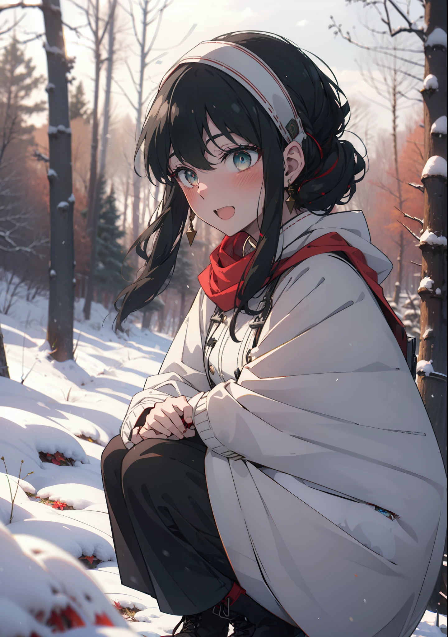 Your thorns, One Girl, blush, Black Hair,Red eyes, hair band, jewelry, Earrings, happy smile, smile, Open your mouth,
Open your mouth,snow,Ground bonfire, Outdoor, boots, snowing, From the side, wood, suitcase, Cape, Blurred, Eat food, forest, White handbag, nature,  Squat, Mouth closed, フードed Cape, winter, Written boundary depth, Black shoes, red Cape break looking at viewer, Upper Body, whole body, break Outdoor, forest, nature, break (masterpiece:1.2), Highest quality, High resolution, unity 8k wallpaper, (shape:0.8), (Beautiful and beautiful eyes:1.6), Highly detailed face, Perfect lighting, Highly detailed CG, (Perfect hands, Perfect Anatomy),