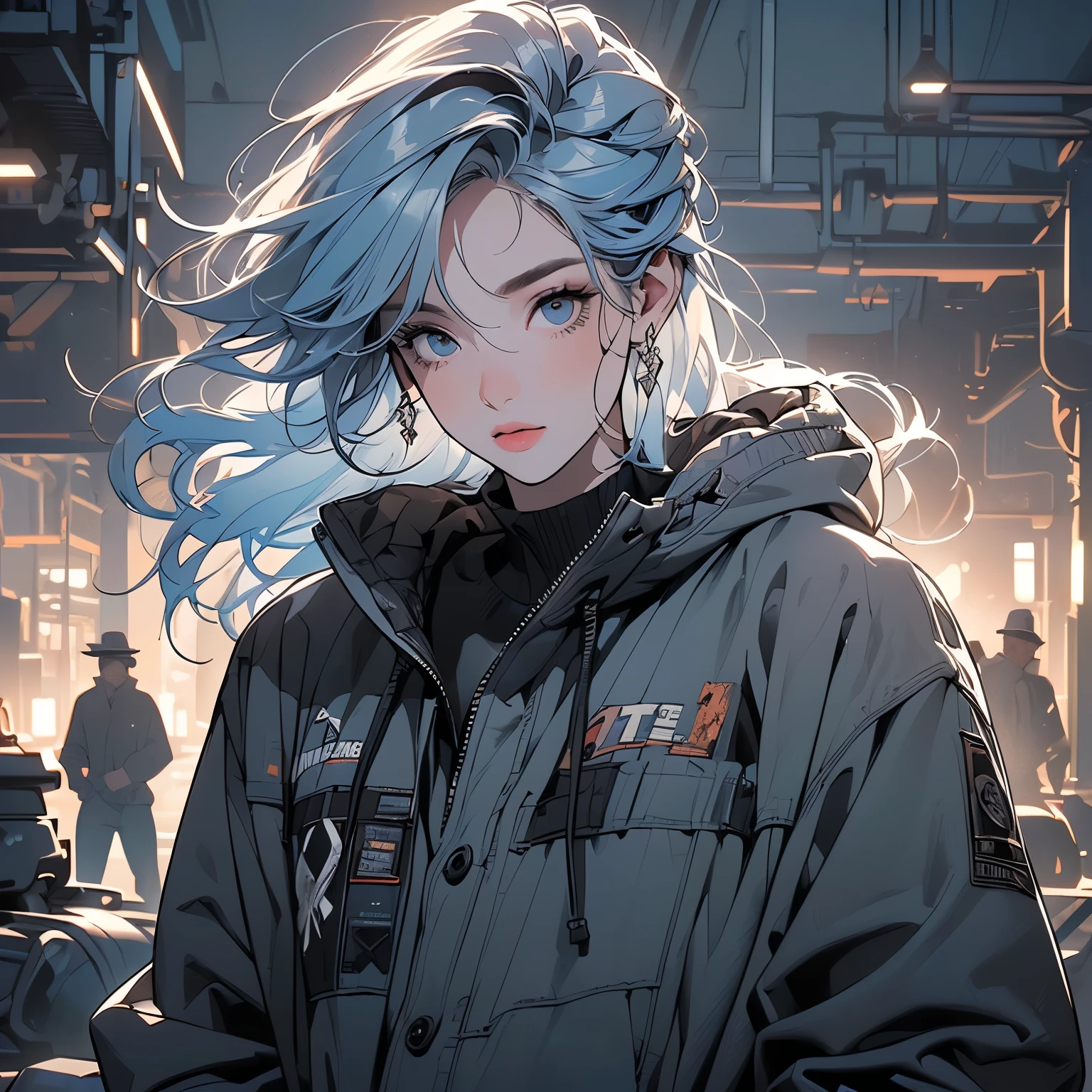 (((one only woman))), (((perfect face))), 14k, (((ultra detailed background))), (((top quality))),(((cowboy shot))), ultra detailed hair, (((pale lighting))),(((night view))),ultra Detailed white hoodie, (((Various unique hairstyles))), ultra beautiful women, (((Detailed face))), (((Various poses))), (((Various angles))), (((wind is blowing))), (((Inside a dilapidated factory))), grass growing, moonlight,(((Various hair colors))),(((ultra Detailed blackbeautiful gray sperkling eyes))),(((Broken heavy equipment))),(((Light on the face.))),Rusty cranes, rusty trucks, Pale light blue hair,(((long shot))),(((panorama)))