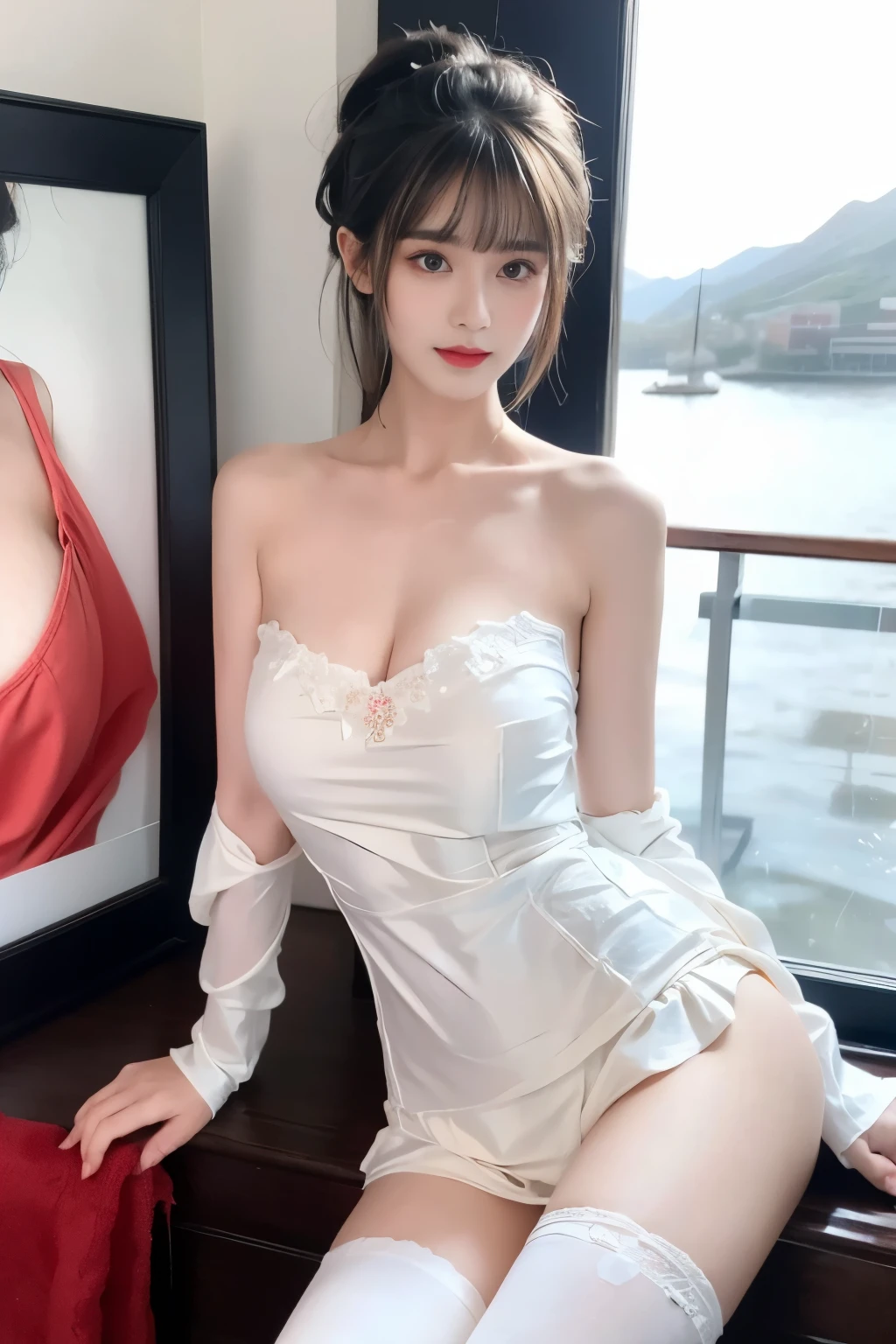 Special clothes43,hair bun,china dress,hair ornament, ((Large Breasts)), ((D cup)), Visible cleavage，Highly detailed face and skin texture，((Bare shoulder)), Double eyelids，Skin Whitening，Long hair，Whitening long legs，Standing by the sea, Fashion Girl, Red lips, Sweet Girl, Beautiful makeup, detail, lifelike, Very detailed, Astonishing, beautiful, Young and energetic, high quality，HD, Colorful， Beautifully, Smooth skin, The skirt is very short, Official Art, Extremely detailed, Movie atmosphere, Soft colors, Natural skin texture, Random scene, random shooting Angle, Black over-the-knee socks, lace hem