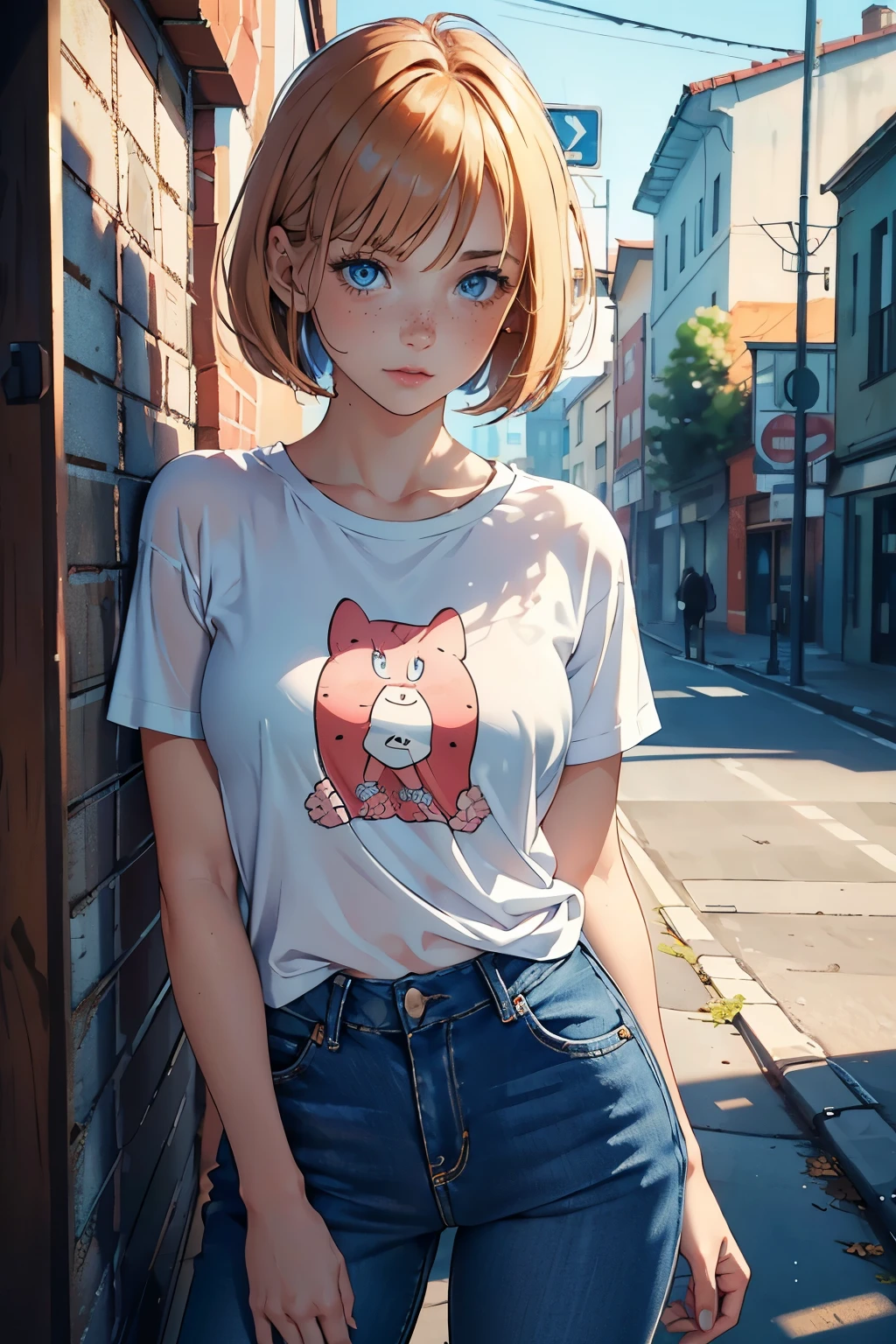(NFSFW, 8K Wallpaper, High resolution), Stunningly Photorealistic, ((Masterpiece, Best Quality)), Emily (1 girl, ager, 1.5), Strawberry blonde hair cut into a chic bob (1.0), Freckles and bright blue eyes (1.0), Innocent, fresh-faced look (1.0), Casual, youthful clothing (1.0), Jeans and graphic tees (1.0), Quirky, individual style (1.0), Detailed facial features (1.0), Realistic skin texture (1.0), Soft lighting (1.0), Youthful energy (1.0), Det