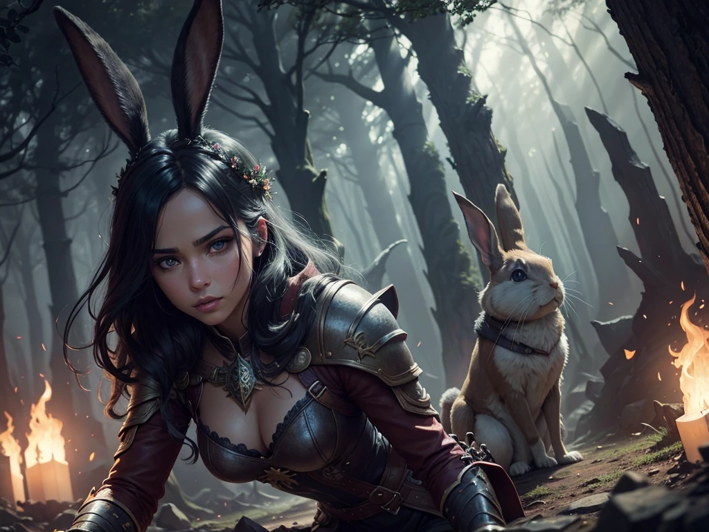 a fantasy game background, a battle-ready rabbit in the foreground, magical forest landscape, beautiful detailed eyes, beautiful detailed lips, extremely detailed eyes and face, long eyelashes, intricate character design, vibrant colors, dramatic lighting, cinematic composition, highly detailed, hyper realistic, 8k, best quality, masterpiece, (photo-realistic:1.37), (ultra-detailed:1.2), dramatic dark lighting, moody atmosphere, epic fantasy scene