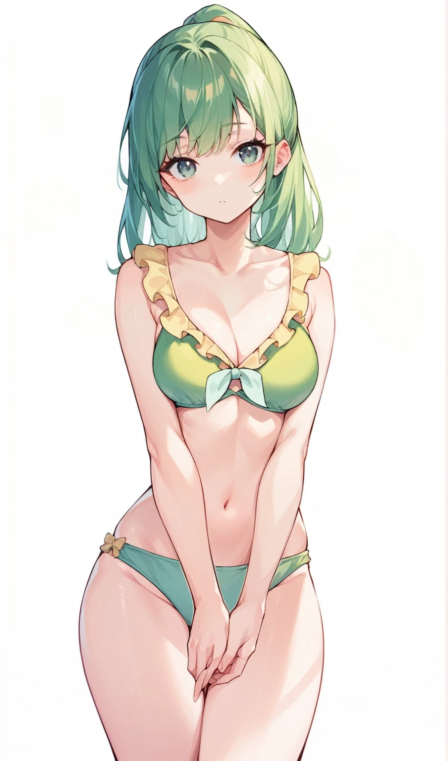 cute girl in ponytail wearing cute frilly bikini looking at you shyly, white background