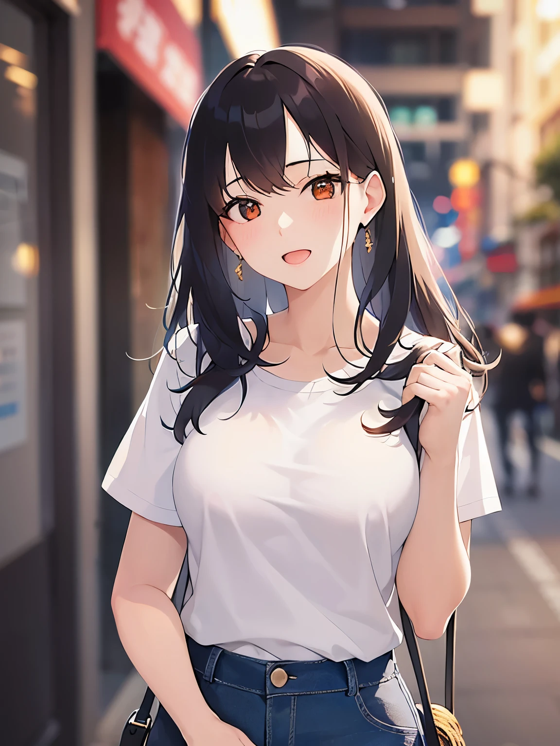 head tilt, Biologically correct five fingers、Realistic, real person, (pale skin: 1.2), upper body, RAW photo, photorealistic, shiny skin, shiny hair、(A 25-year-old woman with medium-length hair and bangs) and (wavy hair) and (brown hair) and (Orange Eyes) , (White T-shirt) 、smile, open mouth, The background is a shopping street、Alone、Are standing