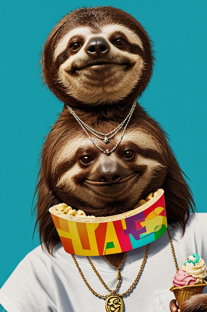 Hippie sloth with necklace with the letter A eating an ice cream 