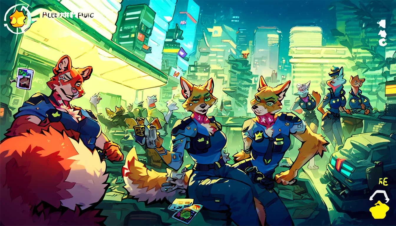 score_9, score_8_up, score_7_up, (cyberpunk city, police office, building on background:1.5),
furry [tiger, wolf, cat, bear, sheep, bunny:1.5], anthro, group, group photo, police crew, (viewfinder, photocard:1.35), (posing:1.2), ((wearing police uniform, police crew)), ((furry)), beautiful detailed faces,