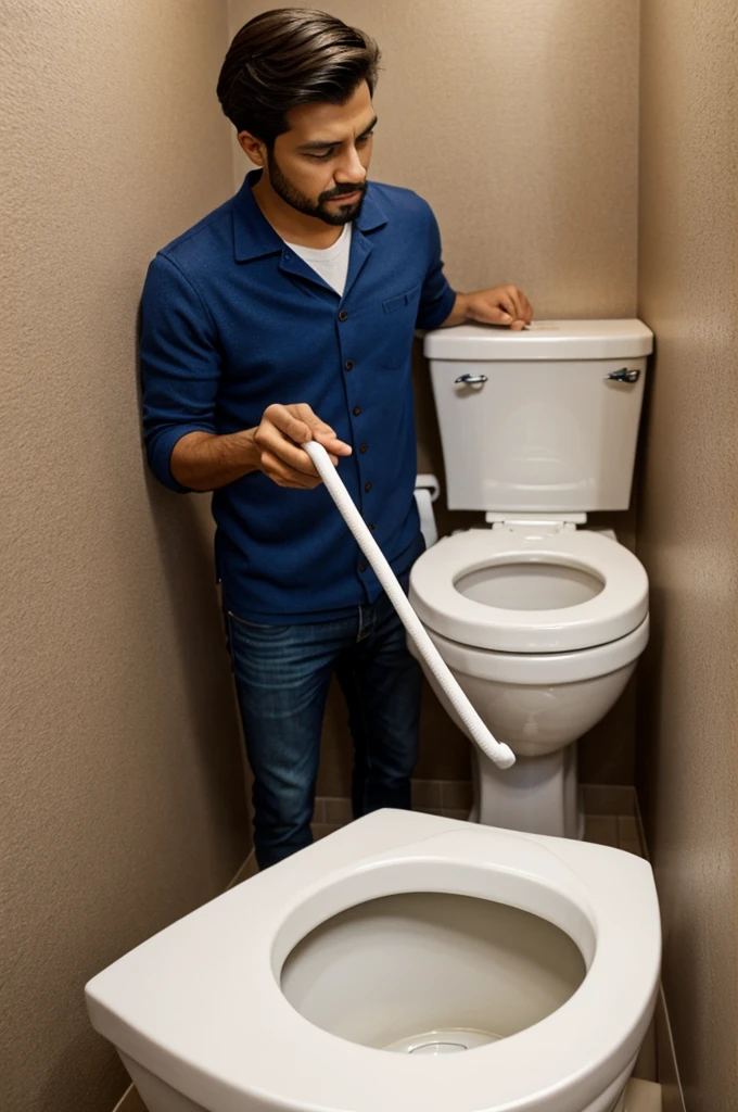 Generates a man holding the toilet