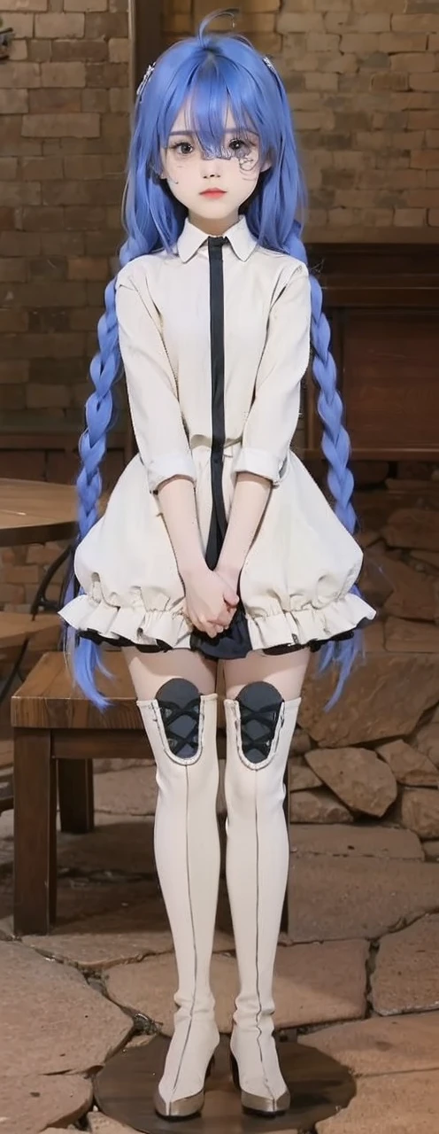 Blue hair girl,white dress,white stocking, cute 