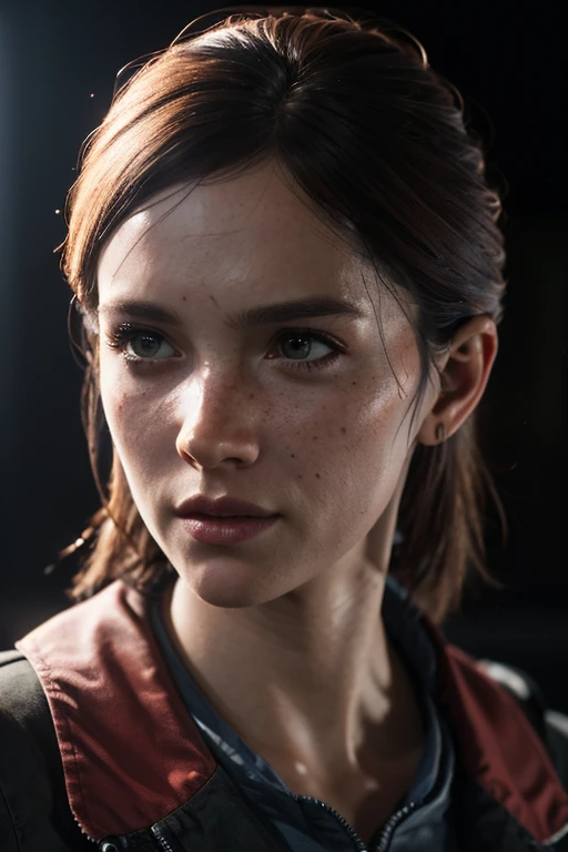 Ellie, tlou2, portrait, sun rays, looking at viewer, award-winning, (8k, RAW photo, best quality, masterpiece:1.2),ultra-detailed, (high detailed skin:1.2), 8k uhd, dslr, soft lighting, high quality, 