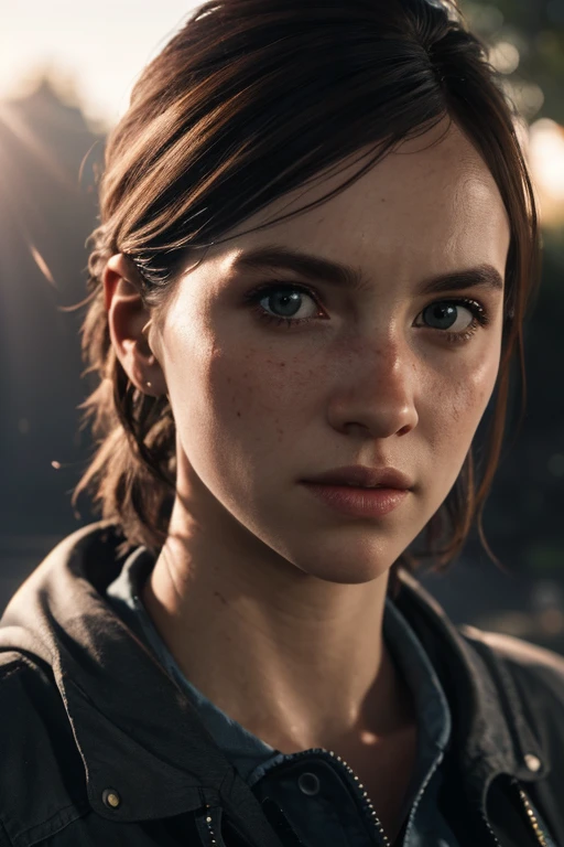 Ellie, tlou2, portrait, sun rays, looking at viewer, award-winning, (8k, RAW photo, best quality, masterpiece:1.2),ultra-detailed, (high detailed skin:1.2), 8k uhd, dslr, soft lighting, high quality, 