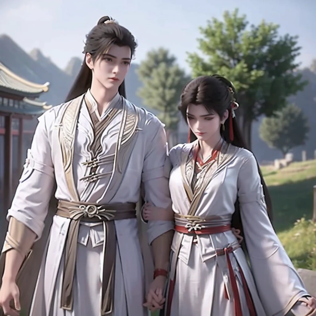 A handsome guy and a beautiful girl are leaning against each other，quiet and peaceful，faint smile，Chinese style clothing and accessories，black hair，perfect face，Chinese architecture