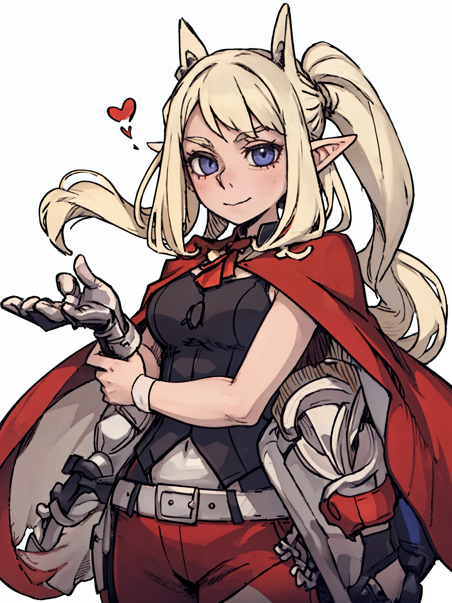 A female elf，front,((Half Body),(Long blond hair，Magician)),Pointed ears，Red Cape，beauty，kindly，Solid color background，White background