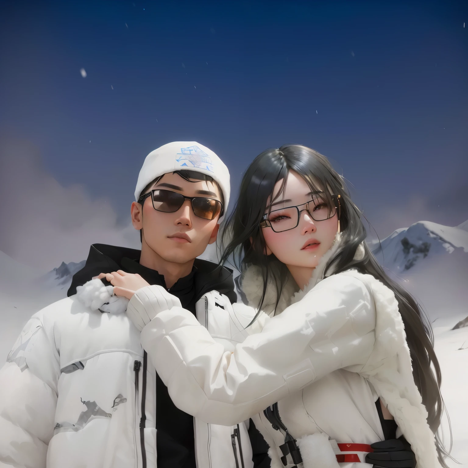 there are two people that are standing together in the snow, sakimichan and frank franzzeta, couple pose, kda and sam yang, nixeu and sakimichan, secondlife, second life avatar, artwork in the style of guweiz, ruan jia and brom, inspired by Jang Seung-eop, scandy and arender 3d animation