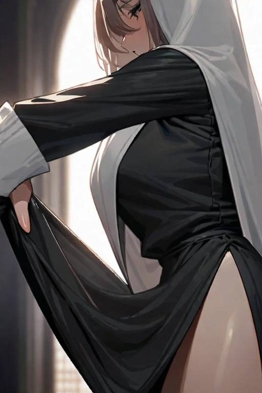 ((Best quality)), ((masterpiece)), (detailed), Sexy nun lifts her dress