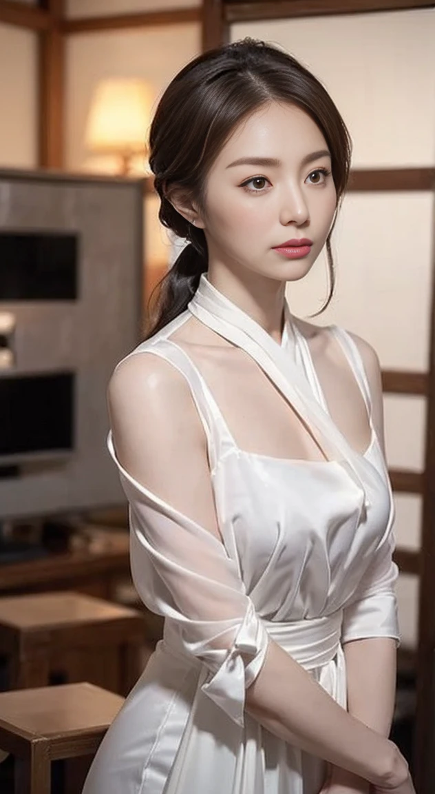 Anatomically correct、Muscular、Thin silk blouse、((Japanese Mature, ４５Year)), alone, ((Fine wrinkles on the face、Facial blemishes), Shapely breasts, Muscular、Meaty body、Straight light brown hair that reaches the shoulders, Chubby body type (((Stand upright, Facing the center of the screen.))), Close your mouth and look straight ahead with a serious face..,,Thin fabric shirt,A long slit skirt that accentuates the waist,I can see your thighs