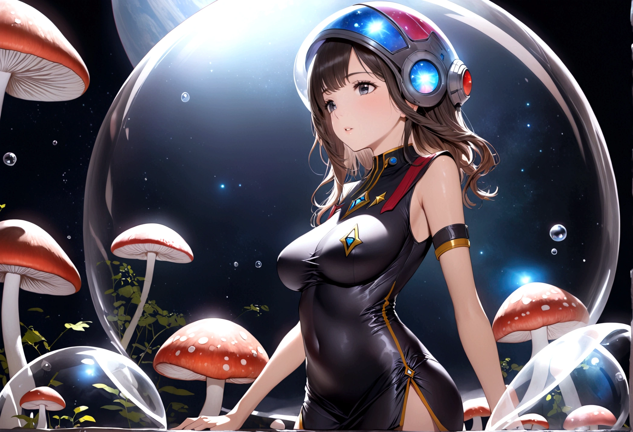 Sexy woman (age 25, sexy starfleet explorer mini dress, bubble dome helmet) she is exploring an alien world when mushroom women come out and inspect her