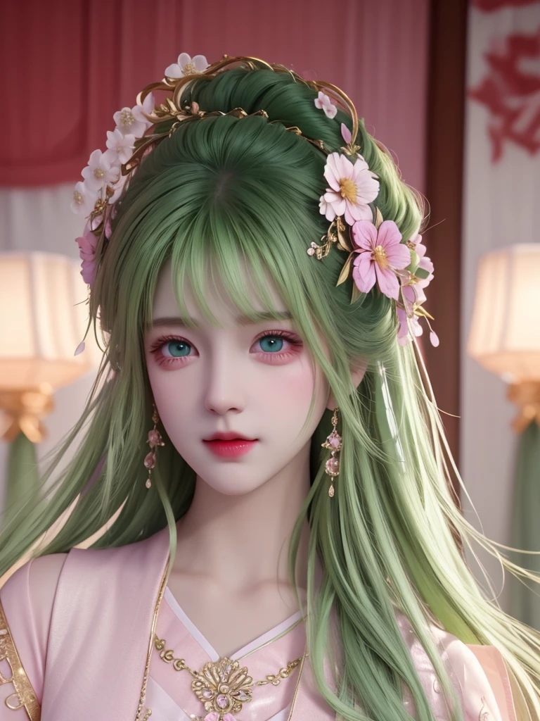 best quality, masterpiece, High target, There is a girl with a basket of flowers on her head, beautiful clothes, Hair Decorationss, necklace, Decorations, Pretty Face, When the body, Tyndall effect, Realistic Portraits, Edge lighting, Two-color light, (Very delicate skin:1.2), 8K uhd, Digital SLR Camera, Soft Light, high quality, Volumetric Lighting, Honest, photo, high resolution, 4K, 8K, Bokeh, Dark green hair,purple hair ends, Pink Eyes.